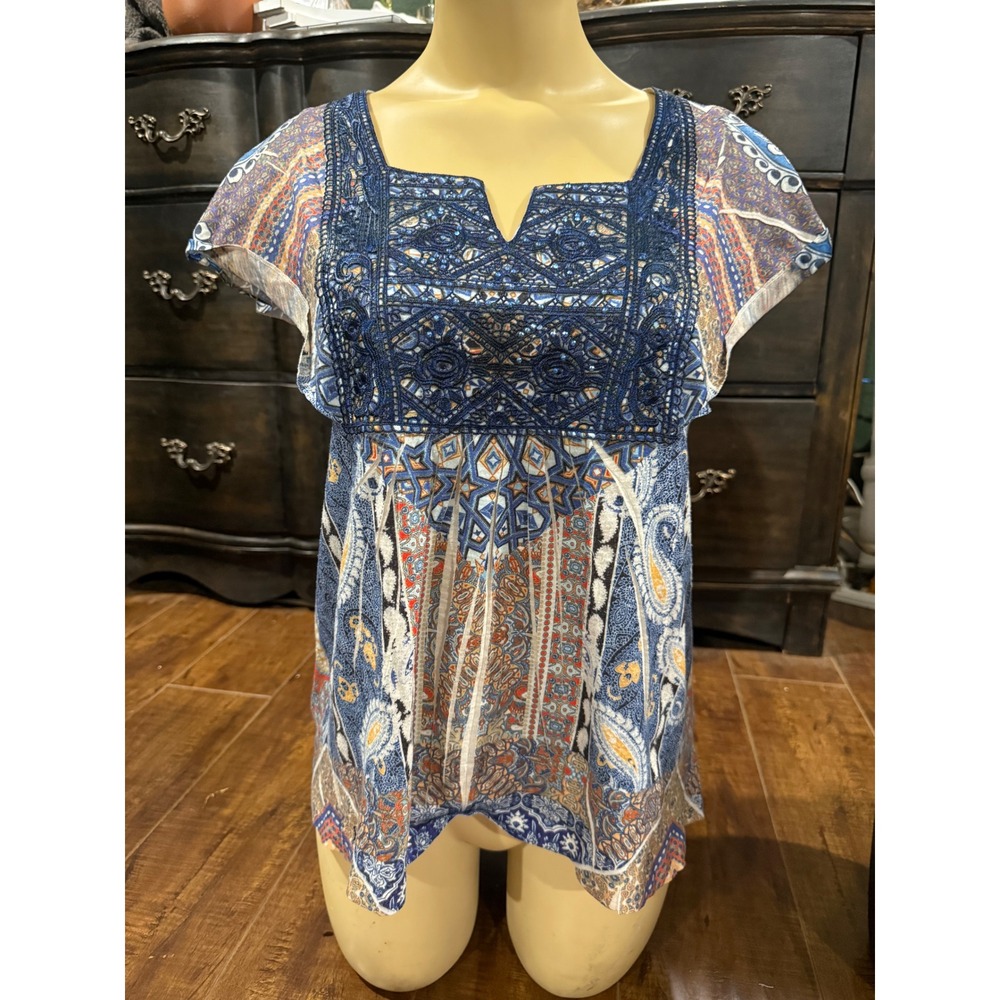 Apt. 9 Womens Blue Paisley Geometric Boho Crochet Lace Sequin Top‎ Small